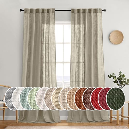 MIULEE Oatmeal Linen Curtains 96 Inches Long 2 Panels for Bedroom Living Room, Soft Thick Linen Textured Natural Window Drapes Semi Sheer Light Filtering Back Tab Rod Pocket Burlap Look Decor