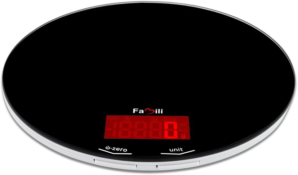 Famili Digital Kitchen Food Weighing Scale, Electronic Cooking Scale - 11lb Capacity and Multiple Functions, Elegant Black with Tempered Glass (White)