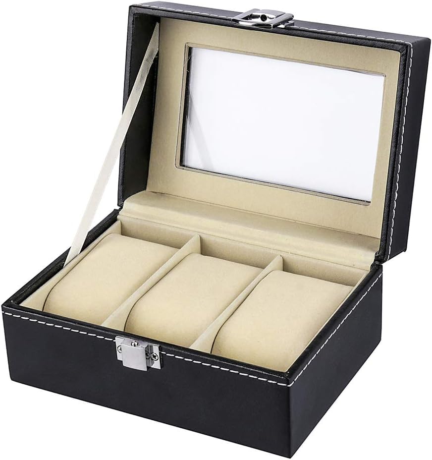 LVZGR 3 Slot PU Leather Watch Box for Men & Women, Display Case Glass Top Organizer Storage with Removable Cushions and Secure Lock for Watch Jewelry Storage (B0CBS6VWXM) Amazon Price History, Amazon Price Tracker