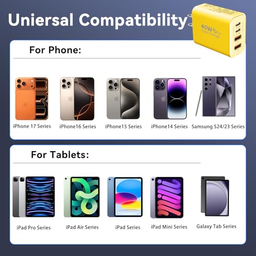 Image of USB C Wall Fast Charger Block, 40W 4-Port Type C Chargers Fast Charging Blocks PD Power Charger Adapter+QC 3.0 USB Multiport Charger Brick for Phone 17 /16 /15 /14 /13 /12 Pro Max, i-Pad, Galaxy S25-2Pack