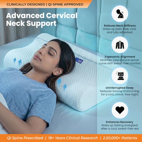 Image of CoolTech Cervical Pillow for Neck & Shoulder Pain | 5-Year Warranty| CosyPUR Cooling Memory Foam | Orthopedic Pillow for Sweat-Free Comfortable Sleeping | Premium Jacquard Cover