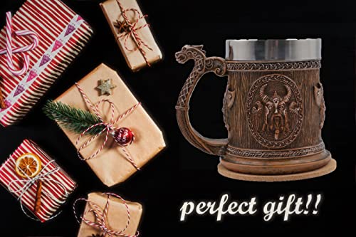 Wokhach Viking Tankard Beer Viking Mug,Stainless Steel Drinking Tankard Mug Coffee Cup,Norse Mythology Folklore Poetic Edda Gothic Decor Party Decoration Drinkware Gift For Men 20Oz(Dragon Drakkar) #TOP3