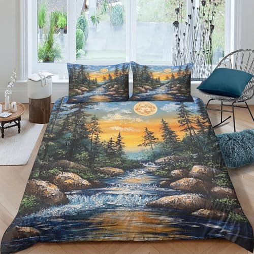 Housse de couette coucher de soleil forest river 3d microfibre 260x220