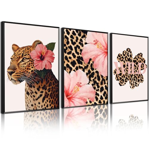 Trendy Leopard Wall Art Pink Cheetah Print Room Decor Leopard Flower Canvas Wall Decor Cheetah Aesthetic Poster Girly Pink Preppy Picture Funky Y2k Artwork for Girl Bedroom 12x16x3 Inch Unframed