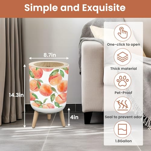 Image of Small Trash Can with Lid Seamless Pattern Pink Peaches White Watercolor 1.8 Gallon Dog Proof Trash Can Round Garbage Can Waste Bin Wastebasket for Bathroom Bedroom Living Room