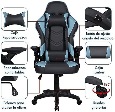 Diagram showing various adjustable features of the gaming chair including headrest cushion, lumbar cushion, armrests, recline button, and height adjustment lever.