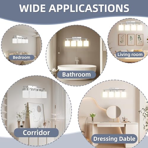 Image of CANMEIJIA 4-Light Bathroom Vanity Light Brushed Nickel E26 Glass Sconce | Modern Dimmable Milky White Shades with Waterproof Rust-resistant Finish for Mirror Restroom, Easy Installation