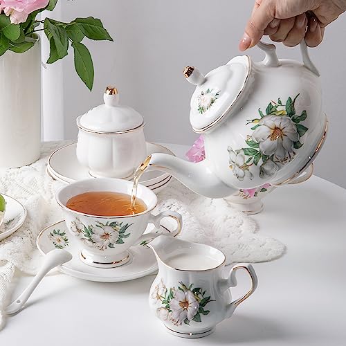 Sweejar Home 21 Piece Porcelain Tea Sets, Tea Cups and Saucers Coffee Set of 6, Vintage Floral Gift Tea Service for Adults, Creamer Jug and Spoons, Ideal for Afternoon Tea Gathering (Camellia) - Image 2