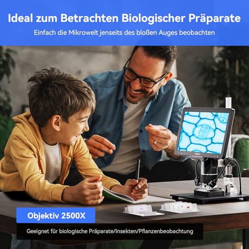 TOMLOV TriL110 3 Objektiv 2K HDMI Digitales Mikroskop, 10,1 Münzmikroskop für gesamte Münzen mit IPS-Bildschirm, 2500X Löt-Mikroskop für Erwachsene Kinder, 14 LED-Leuchten, PC/TV-kompatibel, 64 GB