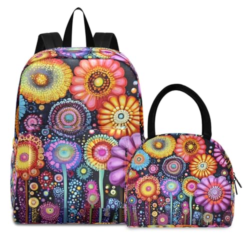 Backpack Lunch Box Set Large Capacity Travel Backpacks and Insulated Lunch Bag for Commute Hiking Picnic Abstract Anime Floral Print