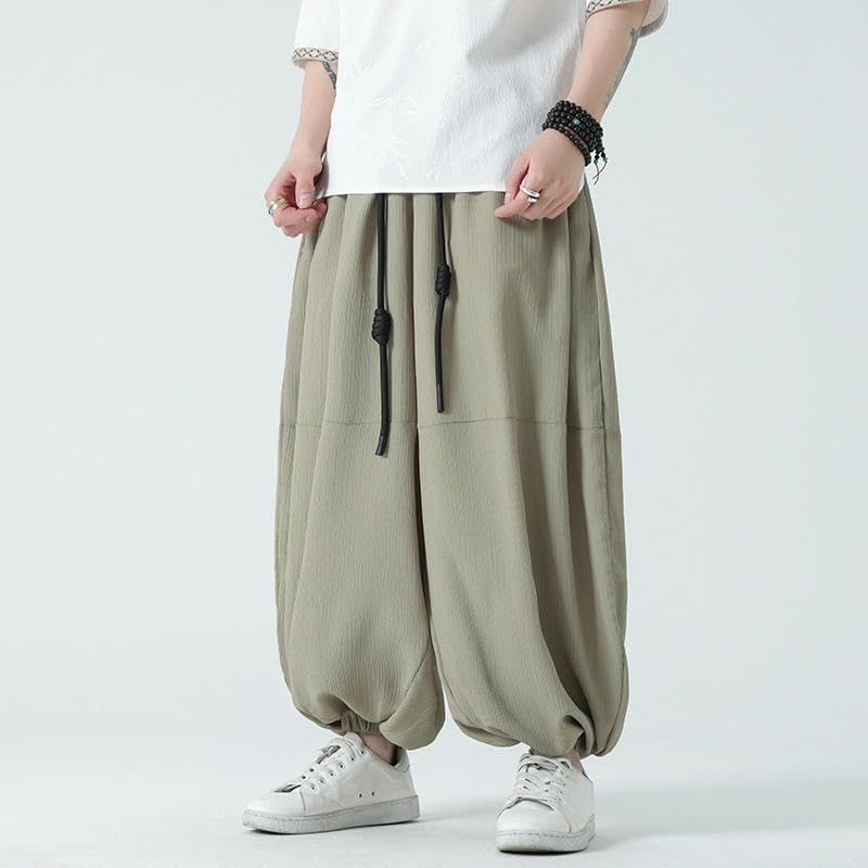 Men's Spring Summer Chinese Style Faux-Linen Vertical Stripes Loose Harem Trendy Lantern Long Pants2