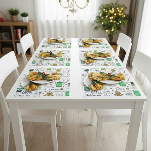 Image of YELONA Rectangular PVC Vinyl Non-Slip Insulation Heat-Resistant & Waterproof Stain Resistant Washable Placemat for Dining & Kitchen Table-(White & Dark Green,Set of 6)