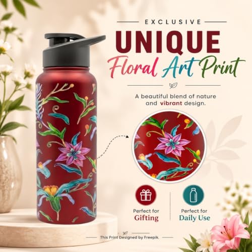 Image of VOIK Printed Stainless Steel Water Bottles for Kids, Office, Sports & Travel (750 ML) (Floral-Sipper)