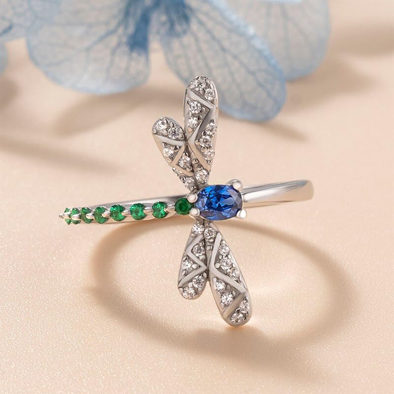 Sdouefos Emerald Zircon Dragonfly Ring S925 Sterling Silver Fashion Blue Gem Dragonfly Vintage Ring, Sparkling Dragonflies Sapphire Ring with Diamonds Fashion Jewelry Wedding Band Size 104