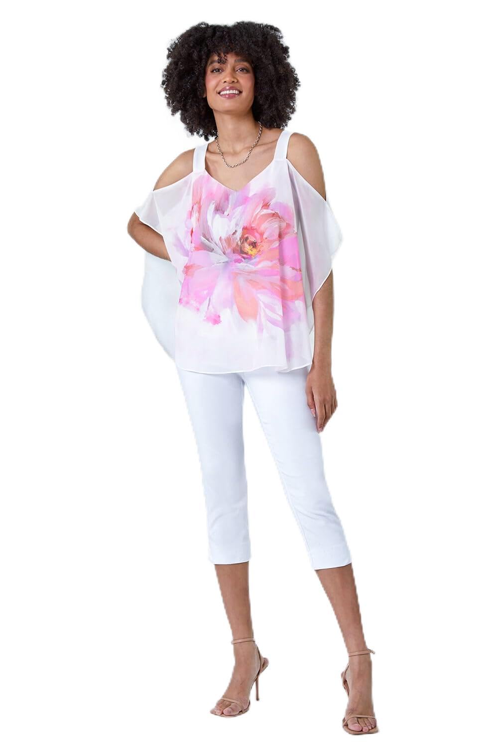 Roman Women's Ivory Floral Print Cold Shoulder Overlay Top In Size 12