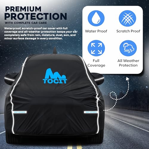 Image of Swift Waterproof Long Life Car Cover with Safety Glow Reflective Strap, Premium Stretchable Velvet Velour Fabric, Machine Washable, Tri-Stitch Custom Fit with Mirror & Antenna Pocket