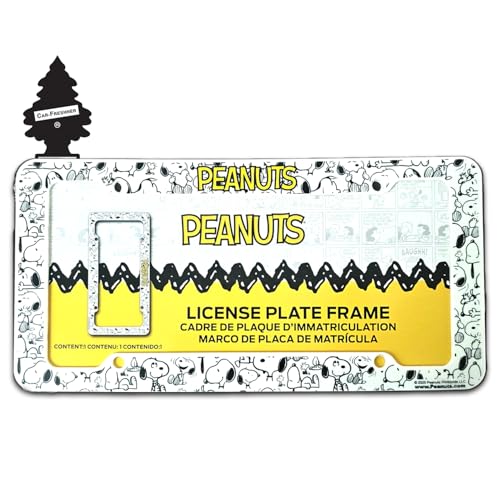Snoopy Expression License Plate Frame Bundle with Little Tree Air Freshener – Plasticolor Peanuts Snoopy Design, Universal Fit Standard Car Plate Frame, Plastic