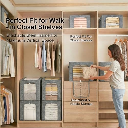 Image of GoMaihe Clothes Storage Bins Metal Frame: 3-Pack Compact Stackable Closet Storage Bin with Lid & Clear Window, Space Saving Organizer for Sweaters Kids Clothes (Dorm /Closet 27L)