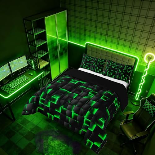 Image of Erosebridal Neon Black Green Boys Comforter Set Toddler Size Geometric Checkered Bedding Set for Kids Teen Men Gaming Room Decor,Abstract Ombre Plaid Comforter Grids Quilt Duvet