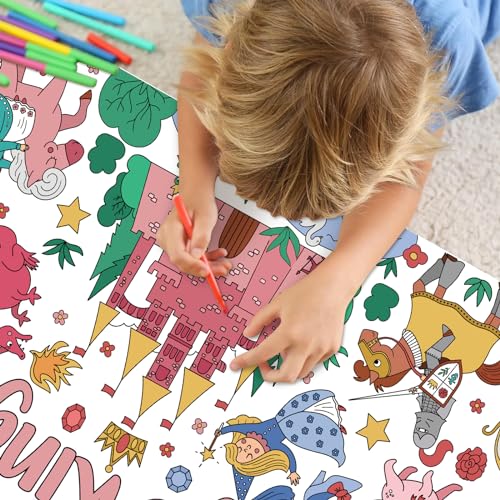 Image of Magic Kingdom Giant Coloring Poster for Kids 30 x 72 Inch, Princess Large Coloring Poster Tablecloth, Fairy Themed Color-in Activities Games for Kids School Classroom Home Party Supplies Decorations