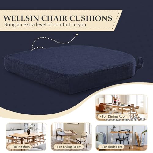 Wellsin Chair Cushions for Dining Chairs 6 Pack - Kitchen Chair Cushions with Ties and Non-Slip Backing - Dining Chair Pads 16"X16"X2", Navy
