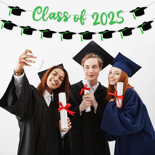 Image of 15PCS Green Class of 2025 Banner, 2025 Graduation Decorations, Gold Glitter Graduation Banner, Congrats Grad Banner Garland for High School College Grad Party Supplies Decor