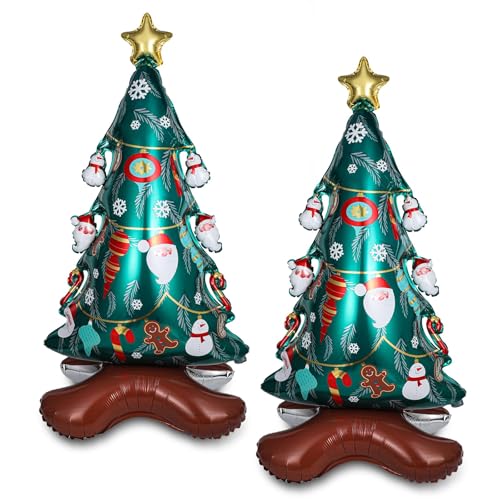 2 Pcs Christmas Tree Balloons, Self Standing Inflatable Tree Foil Balloon for Xmas Mylar Balloon Decorations Festive Holiday Christmas Party Supplies