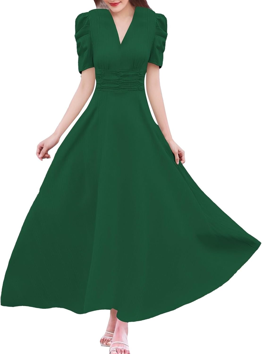 Women's Short Flutter Sleeve Dress High Waist V Neck Puff Sleeve Wedding Guest Pleated Formal Evening Maxi Dresses