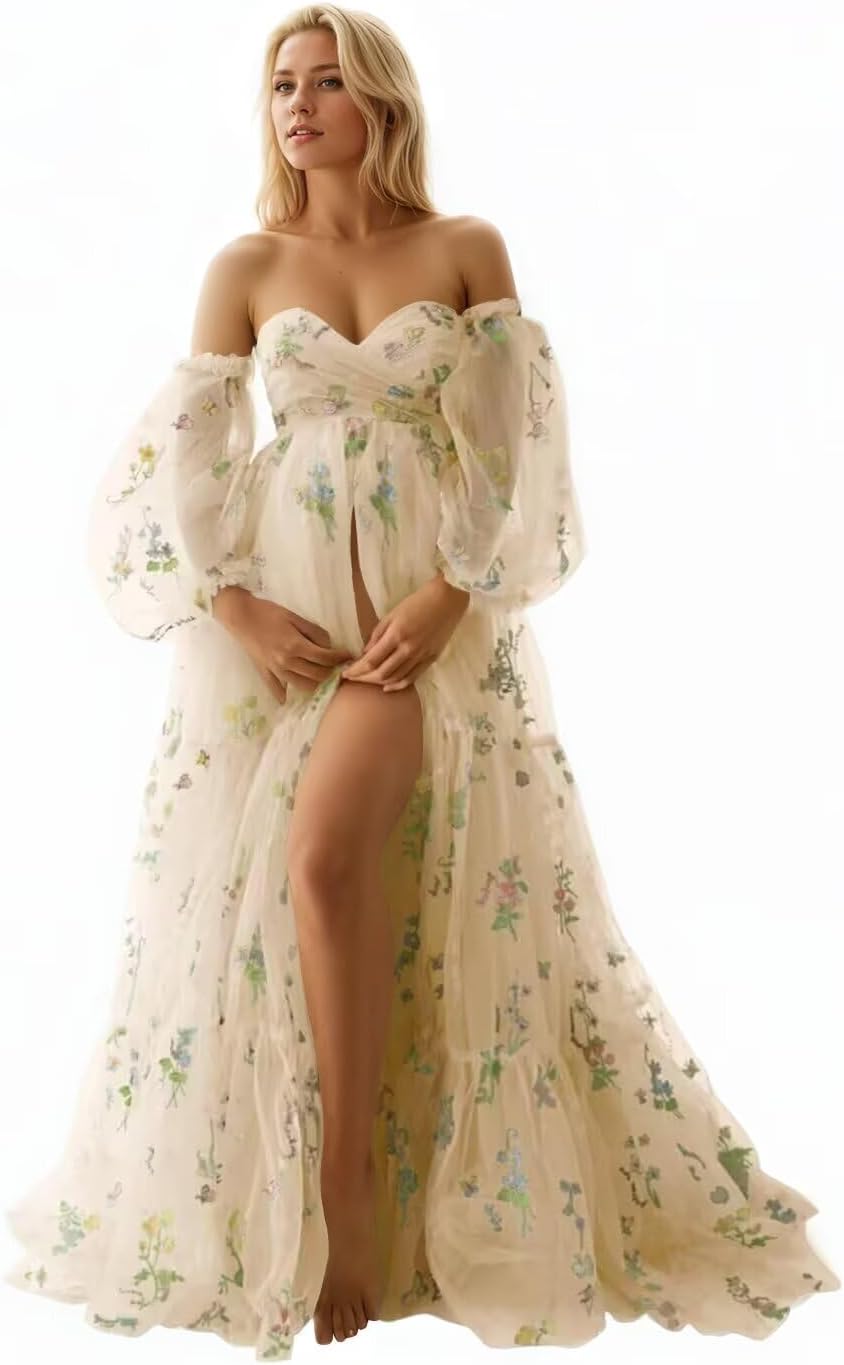 yinyyinhs Flower Embroidery Tulle Maternity Dresses for Photoshoot Long Puffy Sleeve Off Shoulder Pregnancy Baby Shower Dress