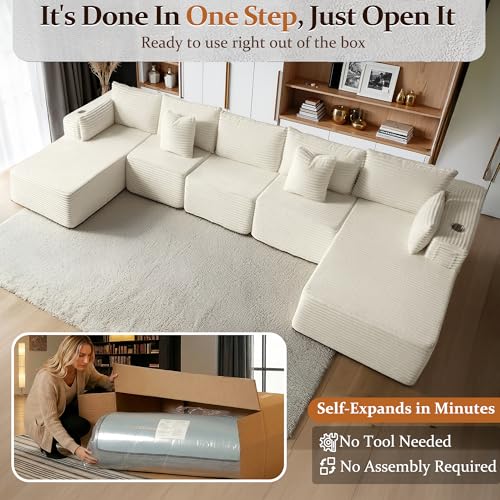 Image of 168 inch Cloud Sectional Couch, Comfort U Shaped Sofa for Living Room, Extra Deep Seats No Assembly, Minimalist Modular Couch, Corduroy (Cream, 7 Seats,U-Shape C)