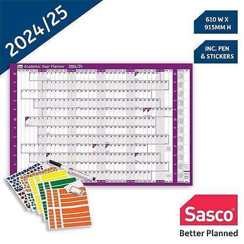 Sasco 2410227 Wandplaner für das akademische Jahr 2024–2025, August bis Juli, Schule und Universität, Wandplaner-Set, Papier, groß, Whiteboard-Stil, trocken abwischbar, Violett, 915 x 610 mm