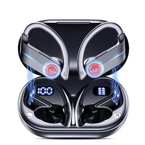 EUQQ Ear Buds Wireless Bluetooth Earbuds, Noise Cancelling Headphones 120H Playtime,IPX7 Waterproof Sports with Earhooks,LED Display Wireless Earphones for Running Gym Workout-Black