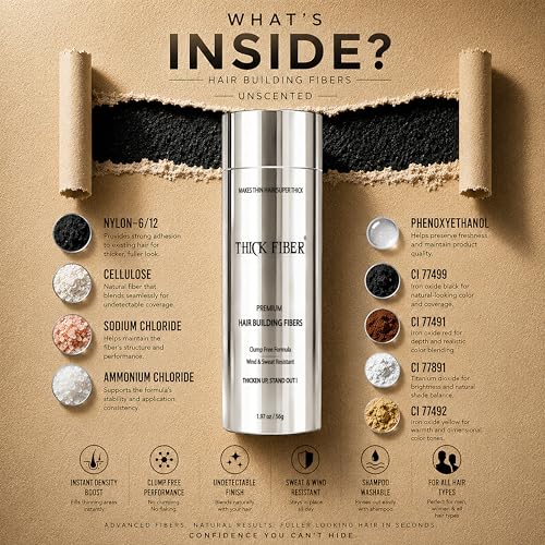 Image of THICK FIBER Fibers for Thinning Hair & Bald Spots - Conceals Hair Loss in Seconds - Volume Powder for Women & Men (Black, 56 g (Pack of 1))