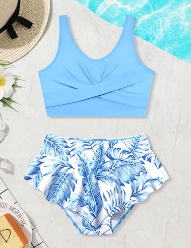 Image of Qaoerde Girls Swimsuit Tropical Print Bikini Set with Ruffle Hem Two Piece Criss Cross Bathing Suits for Girls 7-16 Years