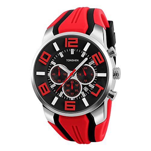 TONSHEN Hommes Montre Bracelet Acier Inoxydable Sport Mode Classique Analogique Montres Hommes Grand Numérique Affichage Doux Caoutchouc Bande Double Temps Robe Montre Sub Dial Chronomètre (Rouge)