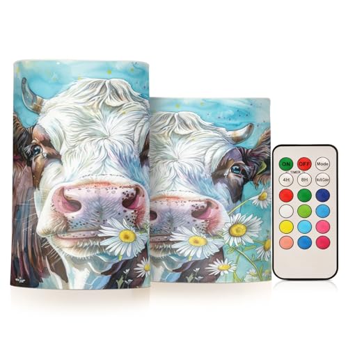 Watercolor Cows with Chrysanthemum Farm Animal Portraits in Their Mouths Flickering Flameless Candles Battery Operated with Remote Timer,Tea Light Candles LED Pillar Votive Candles set of 2 for Outdoo