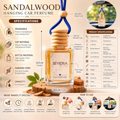 Image of SiYERA Hanging Car Perfume with Essential Oils | Car Air Freshener 10ml | Long-Lasting Aroma in Glass Bottle with Wooden Diffuser Lid (Sandalwood)
