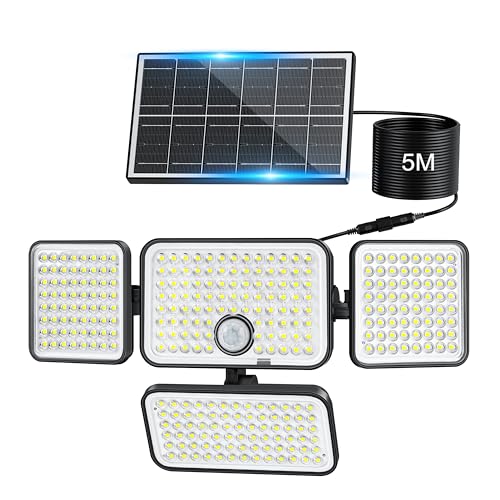 Realky Luz Solar Exterior con Sensor de Movimiento, Focos Led Exterior Solares con 301LED 3000mAh IP65 Impermeables para Jardin Garajes Caminos Porche, Cable de 5M