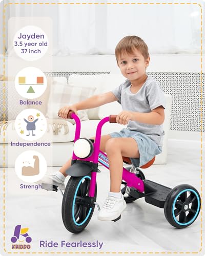 Image of KRIDDO Kids Tricycle, 12 Inch Puncture Free Rubber Wheel w Front Light, Adjustable Seat Height, Gift for 2-5 Year Olds, Pink
