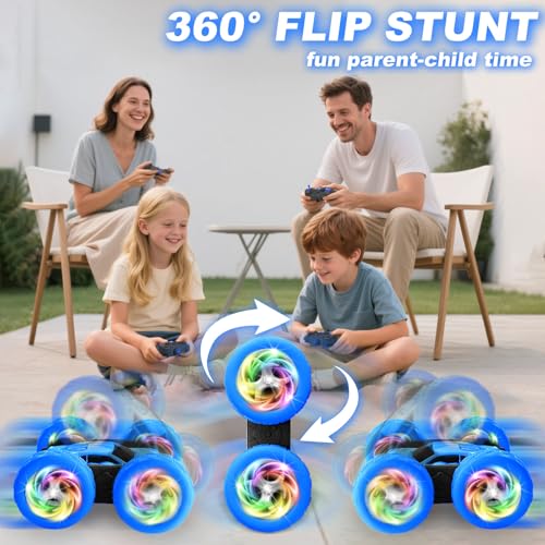 Image of Remote Control Car, Outdoor Toys RC Cars for Kids Ages 6-12, 4WD Double Sided Stunt Vehicle with Upgraded USB-C Modular Batteries, 5 6 7 8 9 10+ Year Old Boy Birthday Blue
