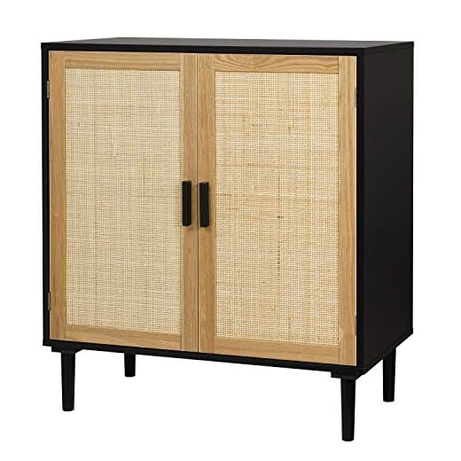 Finnhomy Sideboard Buffet Cabinet, Kitchen Storage Cabinet with Rattan Decorated Doors, Liquor Cabinet for Bar, Dining Room, Hallway, Cupboard Console Table, Accent Cabinet, 31.5X 15.8X 34.6 Inches