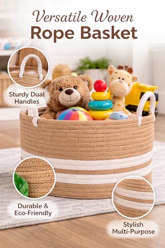 Image of RUGSZONE Jute & Cotton Big Size Basket for Storage, Clothes, Kitchen (1 Piece with Handle, Beige-White, 35x30 cm) - Round Woven Handcrafted Basket for Toys, Wardrobe, Plants (Large 35x30)