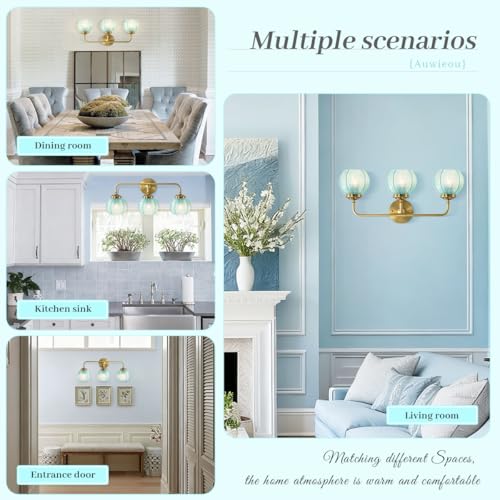 Image of Modern Gold Bathroom Wall Lights with Blue Glass Globe, 3-Light | Mid Century, Vintage, Wall Sconce, Bathroom Vanity Lights, E26, Easy Install, Blue Globe Shade, Bedside, Bedroom, Doorway