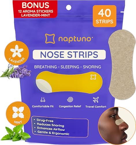 Naptuno Nasal Strips for Snoring Pack of 40, Nose Strips for Breathing Extra Strength for Enhanced Breathing, Restful Sleep and Comfort, Free Snoring Solution & Instant Nasal Congestion Relief