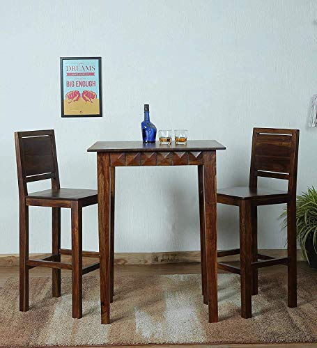 Image of Wooden Long 2 Seater Bar Table Set |2 Seater Dining Table Set with 2 Chairs, High Bar Table and Chairs Set | Kitchen Furniture | Sheesham Wood, Brown Finish