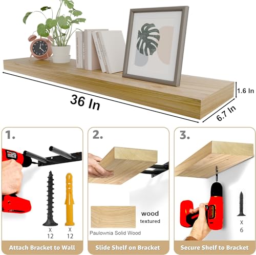 Image of IAE Floating Wall Shelves 36 inch,Bathroom Shelf Wall Mounted,Invisible Shelves Floating Kitchen Shelving,Wooden wall Shelving with Brackets for Living Room wall Mounted,Easy Install,Set of 2,Natural