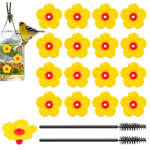 Mabor 16Pcs Hummingbird Feeder Replacement Parts Flowers Yellow Pet Bird Feeder Replacement with 2Pcs Brushes Feeding Ports for Hummingbird for Outdoors Hanging Feeding