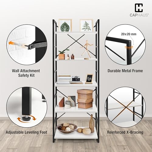 Image of CAPHAUS 5 Tier Bookshelf, 24 Inch Width Free Standing Shelf, Bookcase Shelf Storage Organizer, Industrial Book Shelves for Home Office, Living Room, Kitchen, White Shelves & Metal Frame