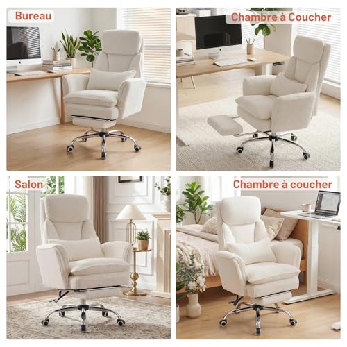 Fauteuil de bureau ergonomique chic en bouclé blanc et finitions soignées - 5