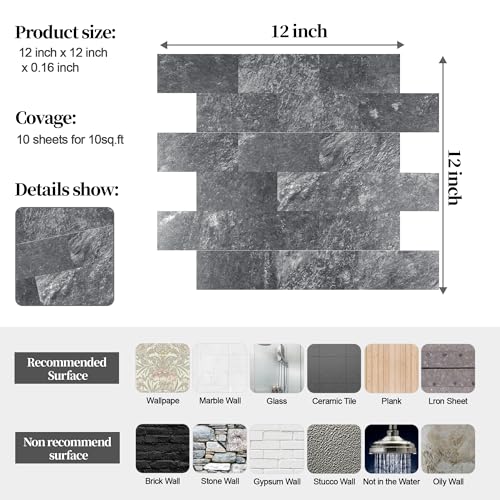 OYASIMI 5 Blatt abziehen und aufkleben Stein Backsplash, Fliesen zum Aufkleben für Backsplash-Küche, Badezimmer, Kamin (30.5 x 30.5cm, Dark Rock)